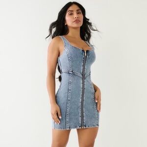 True Religion Light Blue Denim Zip-Front Mini Dress